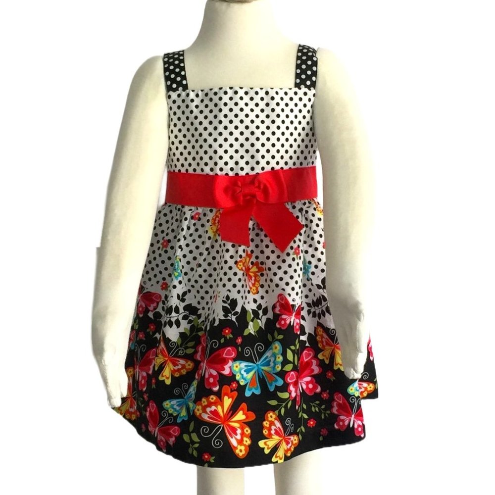 Jessica Ann 2T Girl Cotton Dress, polka dot and butterfly print, red front bow.
